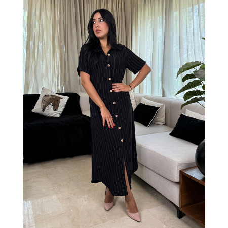 Robe mi-longue boutonnée en lin à rayures