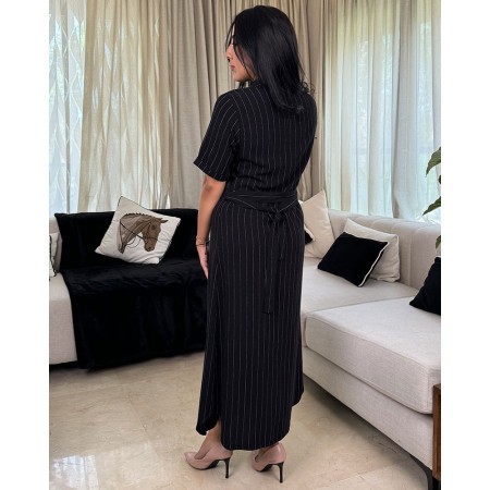 Robe mi-longue boutonnée en lin à rayures