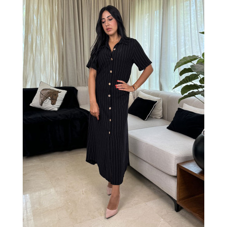 Robe mi-longue boutonnée en lin à rayures