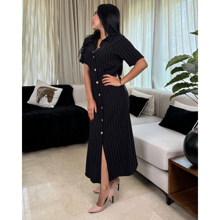 Robe mi-longue boutonnée en lin à rayures
