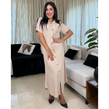 Robe mi-longue boutonnée en lin à rayures