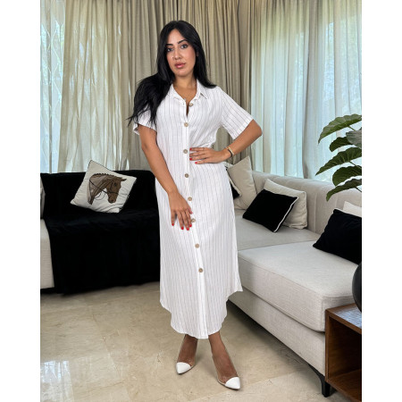 Robe mi-longue boutonnée en lin à rayures