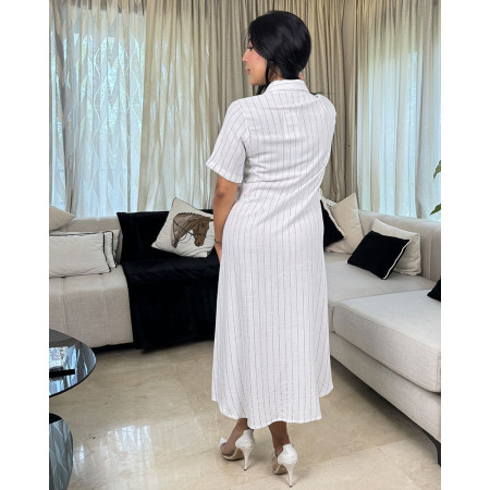 Robe mi-longue boutonnée en lin à rayures