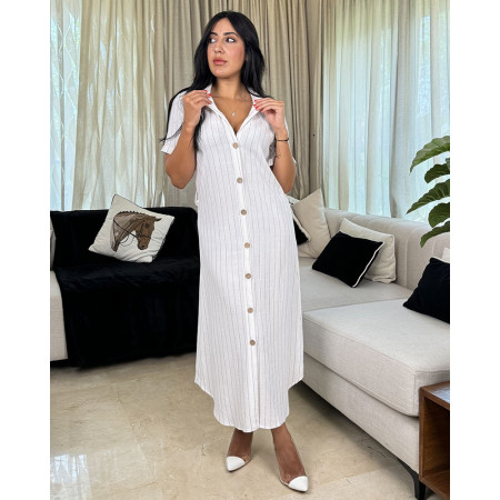 Robe mi-longue boutonnée en lin à rayures