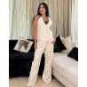 Ensemble Gilet Casual A Col en V Boutonnages Simple Et Pantalon En Lin