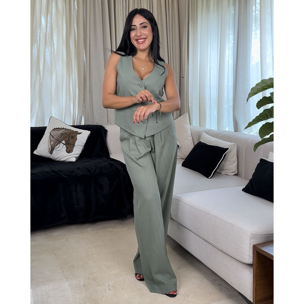 Ensemble Gilet Casual A Col en V Boutonnages Simple Et Pantalon En Lin