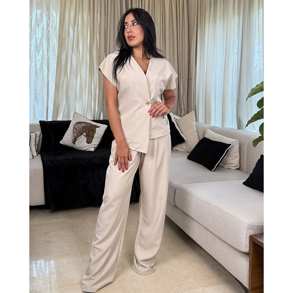 Ensemble Gilet Casual A Col en V Et Pantalon En Lin