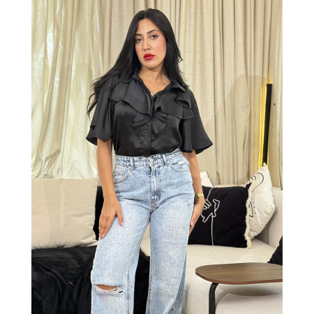 Chemise en satin à volants avec boutons Tourterelle