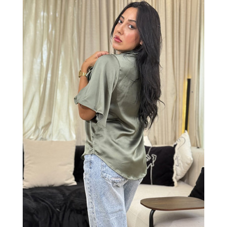Chemise en satin à volants avec boutons Tourterelle