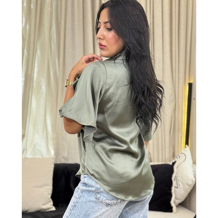 Chemise en satin à volants avec boutons Tourterelle