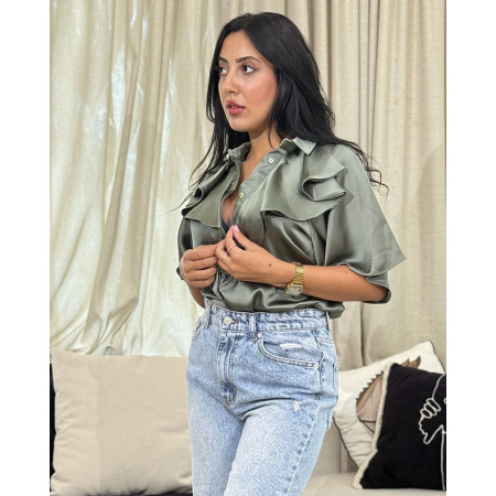 Chemise en satin à volants avec boutons Tourterelle