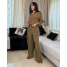 Ensemble Chemise courte à col. Manches longues à revers avec pattes d'épaule et pantalon large