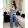 Jean taille haute à double ceinture imprimée Bleu délavé