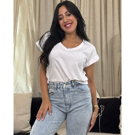 T-shirt col V manches repliées