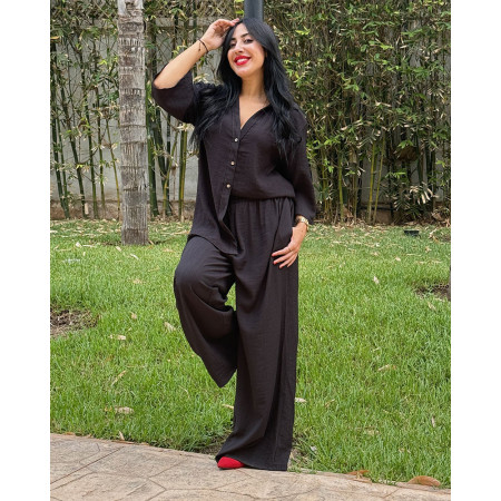 Ensemble En Crepe Chemise à Manches 3/4 larges , Pantalon large à Poches devant