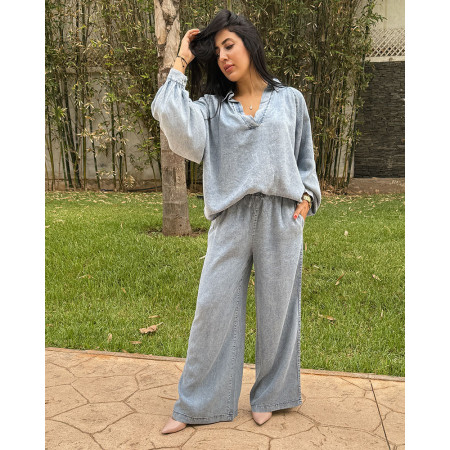 Ensemble en tencel tunique à manches bouffantes , pantalon large avec cordon de serrage