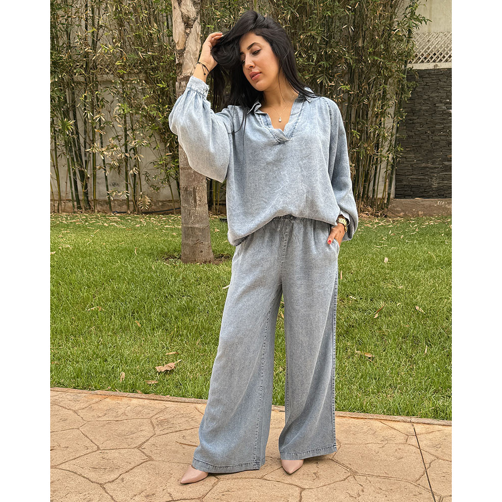 Ensemble en tencel tunique à manches bouffantes , pantalon large avec cordon de serrage