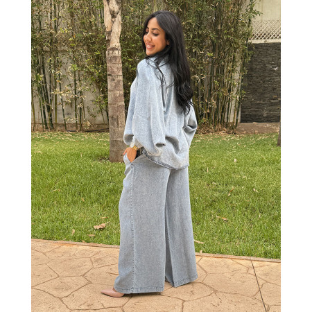 Ensemble en tencel tunique à manches bouffantes , pantalon large avec cordon de serrage