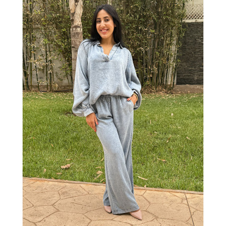 Ensemble en tencel tunique à manches bouffantes , pantalon large avec cordon de serrage