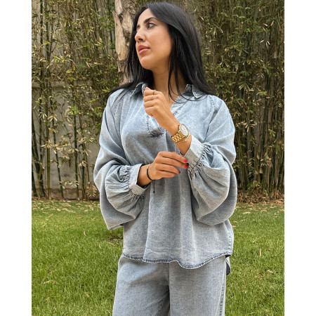 Ensemble en tencel tunique à manches bouffantes , pantalon large avec cordon de serrage