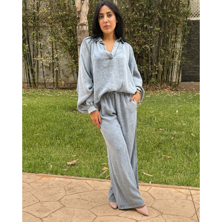 Ensemble en tencel tunique à manches bouffantes , pantalon large avec cordon de serrage