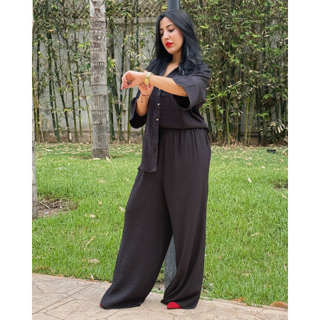 Ensemble En Crepe Chemise à Manches 3/4 larges , Pantalon large à Poches devant