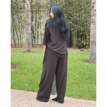 Ensemble En Crepe Chemise à Manches 3/4 larges , Pantalon large à Poches devant