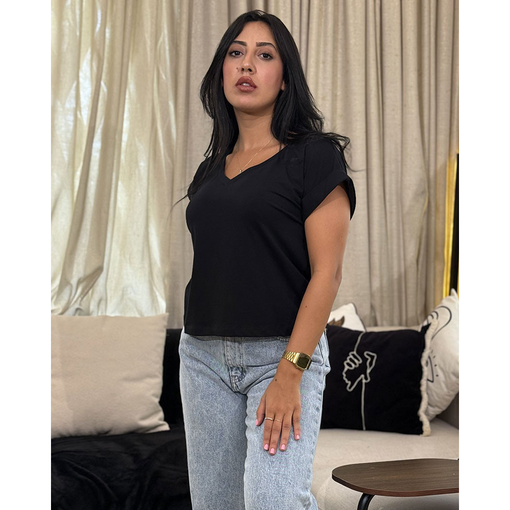 T-shirt col V manches repliées
