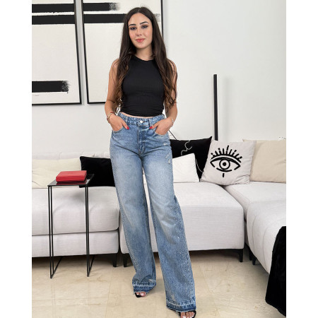 Jean large taille haute bleu délavé avec strass
