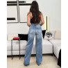 Jean large taille haute bleu délavé avec strass
