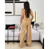 Ensemble en lin veste sans manches coupe droite avec double boutonnage sur le devant et pantalon large