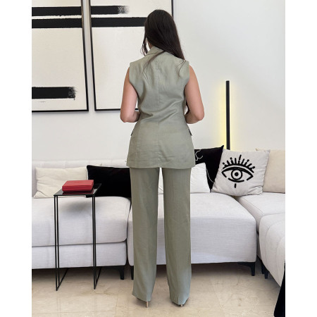 Ensemble gilet long sans manches col à revers avec poches à rabat et pantalon droit