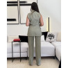 Ensemble gilet long sans manches col à revers avec poches à rabat et pantalon droit
