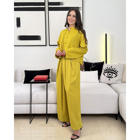 Ensemble en lin veste ample fermeture style boutons chinois et pantalon large taille haute avec cordon à nouer