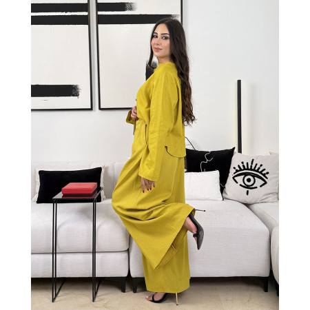 Ensemble en lin veste ample fermeture style boutons chinois et pantalon large taille haute avec cordon à nouer