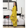 Ensemble en lin veste ample fermeture style boutons chinois et pantalon large taille haute avec cordon à nouer