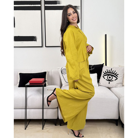 Ensemble en lin veste ample fermeture style boutons chinois et pantalon large taille haute avec cordon à nouer