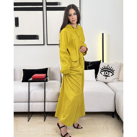 Ensemble en lin veste ample fermeture style boutons chinois et pantalon large taille haute avec cordon à nouer