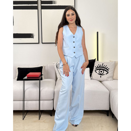 Ensemble Gilet Casual A Col en V Boutonnages Simple Et Pantalon En Lin