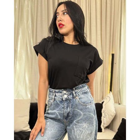 T-Shirt A Manches Repliées Et Col Rond Avec Poche Poitrine Et Aérée