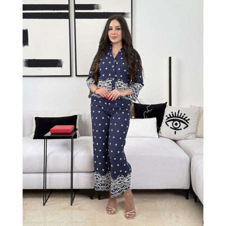 Ensemble deux pièces broderie étoile chemise à manche 3/4 et pantalon taille haute avec poches devant Coupe courte