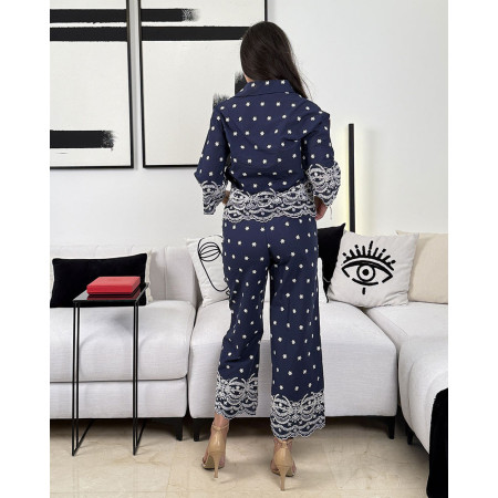 Ensemble deux pièces broderie étoile chemise à manche 3/4 et pantalon taille haute avec poches devant Coupe courte