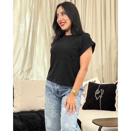T-Shirt A Manches Repliées Et Col Rond Avec Poche Poitrine Et Aérée