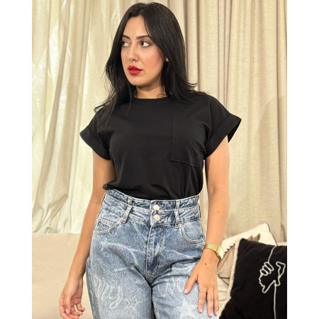 T-Shirt A Manches Repliées Et Col Rond Avec Poche Poitrine Et Aérée