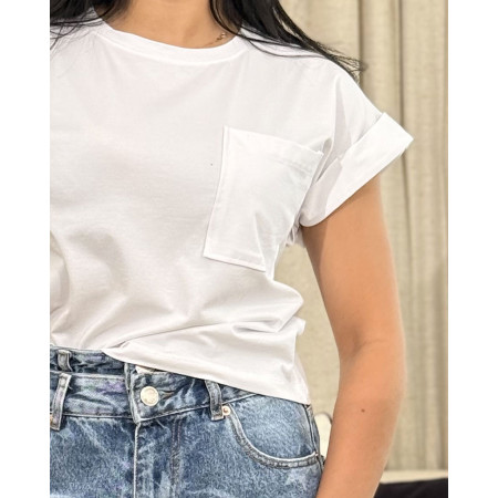 T-Shirt A Manches Repliées Et Col Rond Avec Poche Poitrine Et Aérée