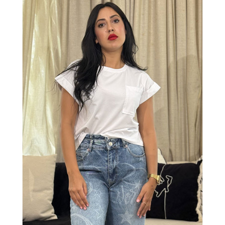 T-Shirt A Manches Repliées Et Col Rond Avec Poche Poitrine Et Aérée