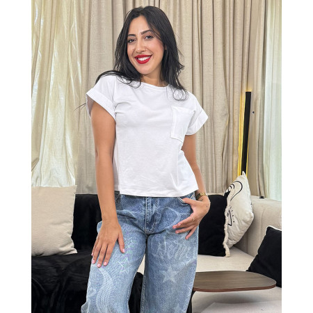 T-Shirt A Manches Repliées Et Col Rond Avec Poche Poitrine Et Aérée