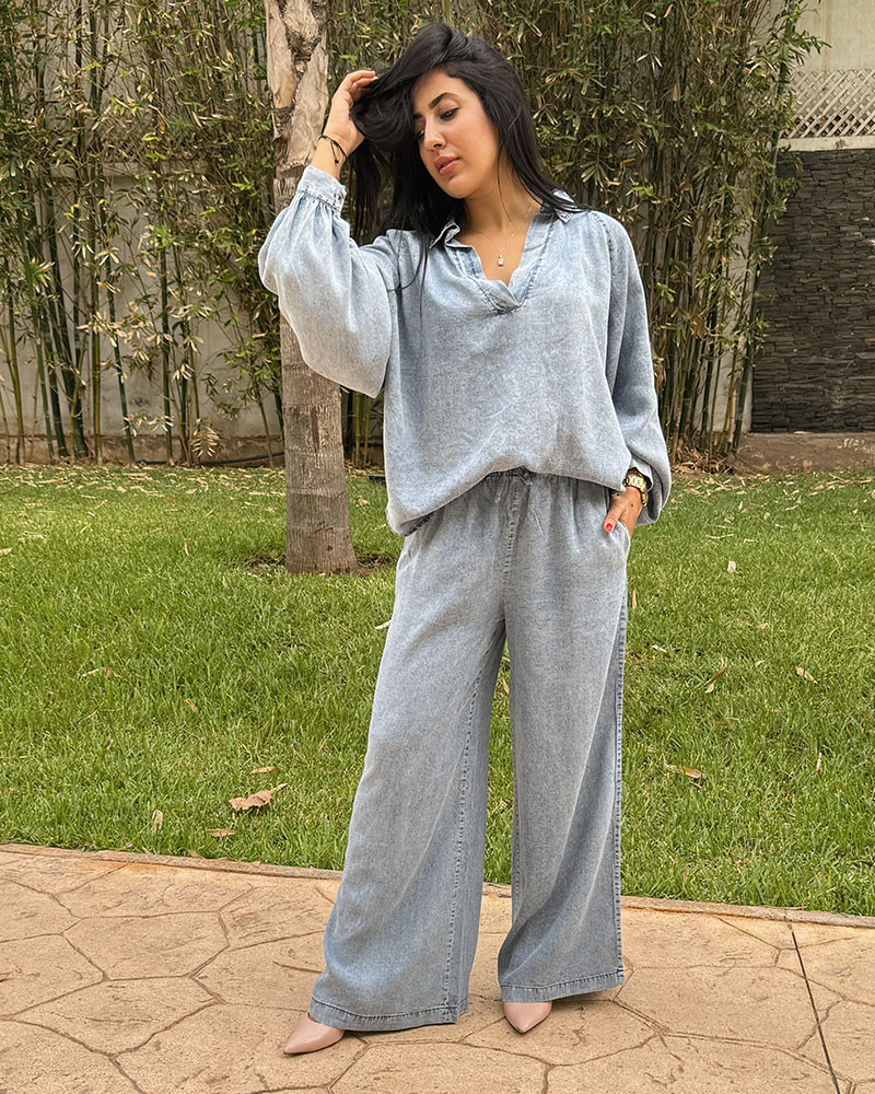 Ensemble en tencel tunique à manches bouffantes , pantalon large avec cordon de serrage
