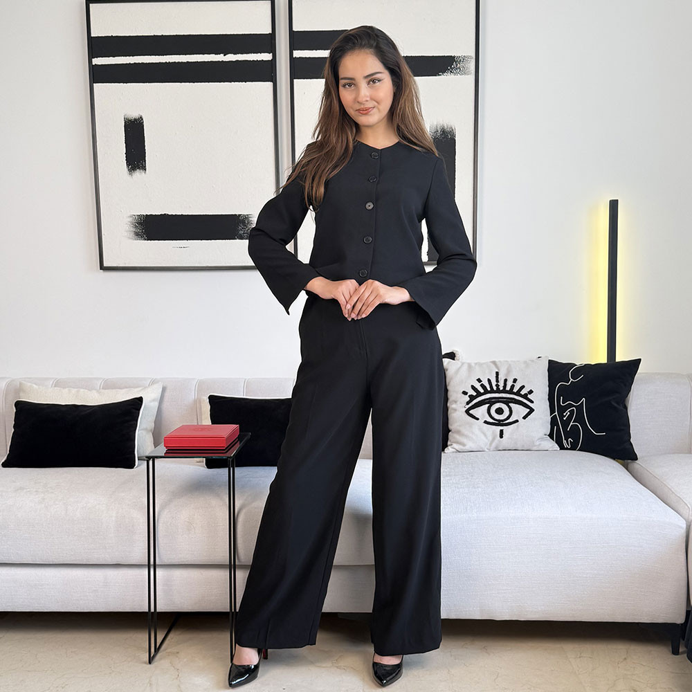 Ensemble tailleur blazer court à manches évasées et à fermeture boutonnée, pantalon large taille haute